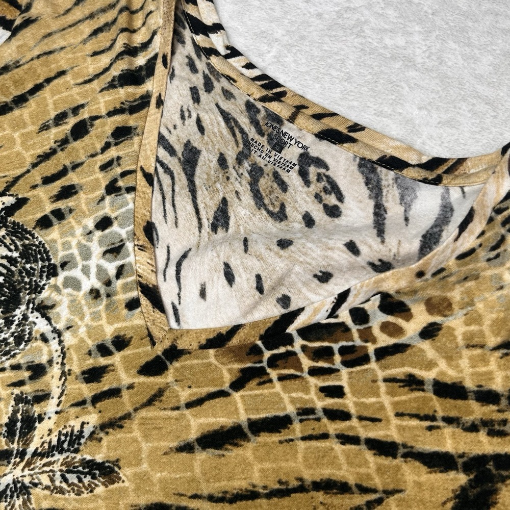 Jones New York Sport Women's XL V-Neck‎ Brown Tiger Print 3/4 Sleeve Cotton